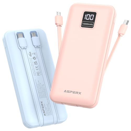 AsperX 2-Pack 10000mAh Portable Charger with Built-in Cables, USB C Travel Essential Battery Pack with 4 Outputs 2 Inputs,LED Display Power Bank with Cord Wires for iPhone Samsung Google Pixel iPad - color: Bule+pink