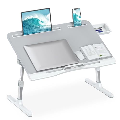 HETTHI Laptop Desk for Bed, Adjustable Bed Table with Leather Desktop, Foldable X-Large Laptop Bed Trays with Drawer for Bed Couch Floor Writing Working Reading Eating Painting (Gray, 23.6"×15.7") - color: Gray, size: X-Large 23.6×15.7in