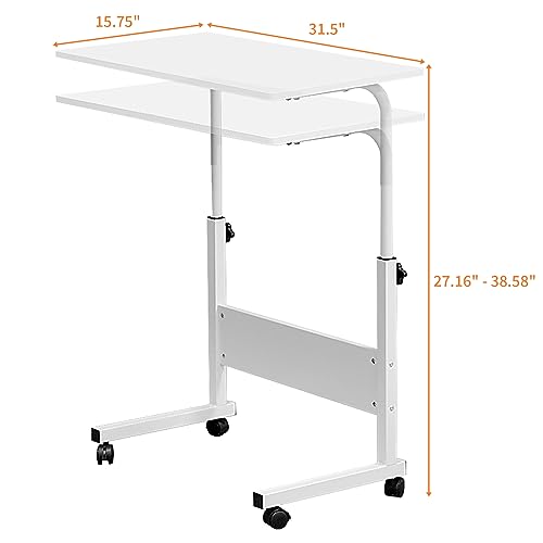 Karl home Mobile Side Table 31.5 inch Computer Desk with Wheels, White | Height Adjustable Rolling Potable Laptop Cart, C-Shaped Bed Couch Sofa End Tables with Edge Stopper for Livingroom Bedroom - color: White, size: 31.5"+No Power Sockets
