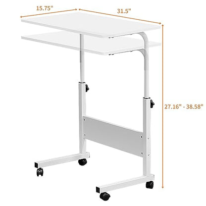 Karl home Mobile Side Table 31.5 inch Computer Desk with Wheels, White | Height Adjustable Rolling Potable Laptop Cart, C-Shaped Bed Couch Sofa End Tables with Edge Stopper for Livingroom Bedroom - color: White, size: 31.5"+No Power Sockets