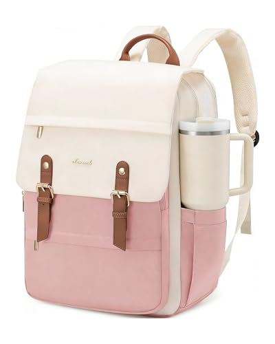 LOVEVOOK Laptop Backpack for Women, 15.6 Inch Vintage Travel Backpack Purse – Airline Approved Large Computer Bag, Lightweight for Nurse Teacher - color: White & Pink, size: 15.6 Inch