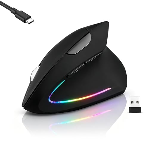 Wireless Bluetooth Ergonomic Vertical Mouse, Rechargeable Silent Slim Laptop Mouse,Portable(BT5.2+USB Receiver) LED Dual Mode Computer Mice,for Laptop,Desktop Computer,ipad Tablet,Phone,TV (Black)