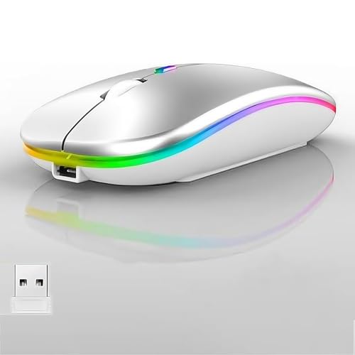 LED Wireless Mouse, Slim Silent Dual-Mode 2.4G+BT Rechargable 7-Color Portable Mobile Optical Office Mouse with USB Receiver, 3 Adjustable DPI Levels for Notebook, PC, Computer, MacBook (Silver) - color: silver