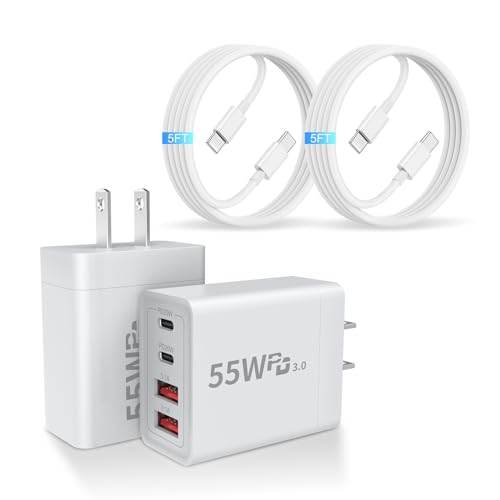 USB C Charger Block, 2 Pack 55W 4-Port Multiport Fast Wall Charger with PD (2x20W)+QC (2x3.1A) Power Adapter, Fast Charging Cable, Type C Charging Hub for iPhone 17/16/15/14/13/12/Pro/Max/XS - color: 2x55W White