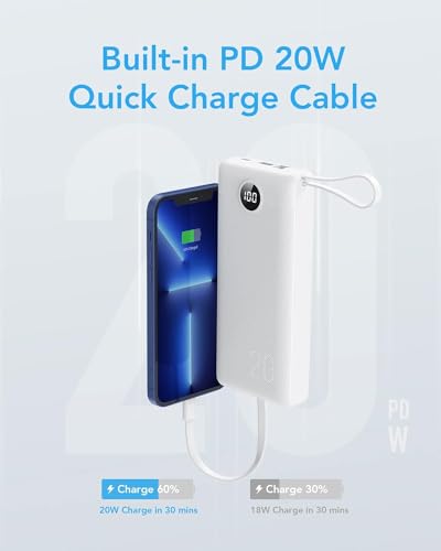 VRURC Portable Charger 20000mAh, Built-in Cables Fast Charging Power Bank, PD QC 3.0 Travel Essentials Battery Pack, 4 Output & 2 Input Phone Charger for iPhone16 15 14 13 X, Samsung, Android - color: White