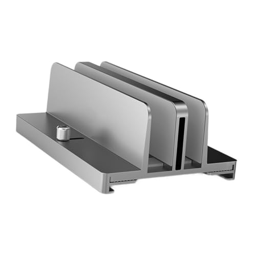 Aluminum Alloy Vertical Laptop Stand with Adjustable Dual Slots, Notebook Mount Base for Space-Saving Desk Organization, Gray Tablet Vertical Holder for Office and Home Use