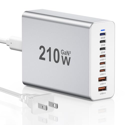 USB C Charger 210W Block, GaN 8-Port USB-C PD Fast Charging Station Desktop Hub, PD65W Laptop Charge Adapter Compatible with MacBook Pro/Air/DELL/Steam Deck/iPhone 16/15/Galaxy S22/S23 - color: silver