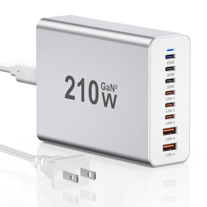 USB C Charger 210W Block, GaN 8-Port USB-C PD Fast Charging Station Desktop Hub, PD65W Laptop Charge Adapter Compatible with MacBook Pro/Air/DELL/Steam Deck/iPhone 16/15/Galaxy S22/S23 - color: silver