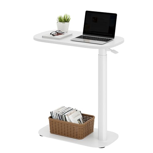 SANODESK 24''Pneumatic Adjustable Overbed Bedside Table with Hidden Casters | Medical Mobile Side End Table Laptop Computer Standing Desk Cart with Tray, Hospital and Home Use(23.6" W x 13.8" D,White) - color: White, size: Xsmall