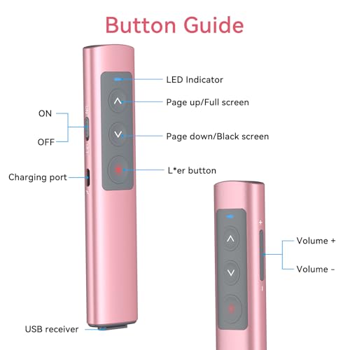 Pink Presentation Clicker for PowerPoint Presentations, Wireless Presenter PowerPoint Clicker with Red Light, [Aluminum Alloy] PPT Slideshow Remote Clicker for Mac, Computer - style: Pink-red light