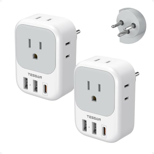 TESSAN Israel Adapter Plug, 2 Pack, Type H Travel Adaptor | US to Israel Power Adapter, 3 USB Ports (1 USB C Port), 4 American Outlets, Type H Travel Adaptor for USA to Jerusalem - color: White grey-Type H