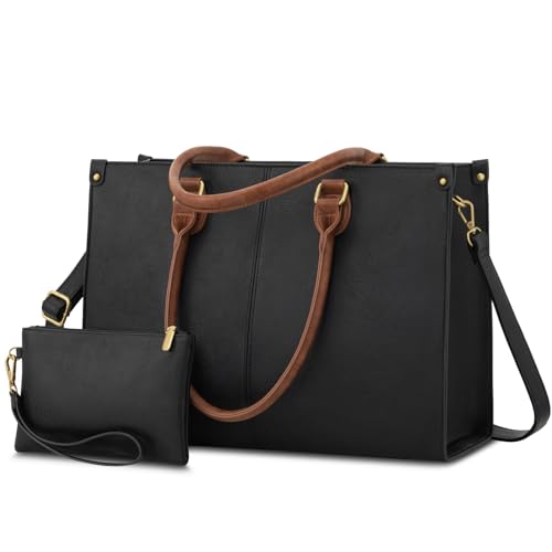LOVEVOOK Laptop Tote Bag for Women, 15.6 Inch Professional Work Bag with Matching Clutch, Waterproof Vintage Leather Computer Tote for Office, Business Travel & Daily Use, Gift for Women - color: Black & Brown, size: 15.6 inch