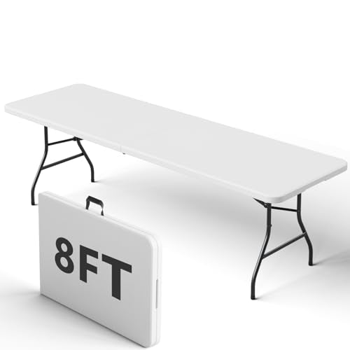 8FT Folding Table, Heavy Duty Plastic Fold-in-Half Utility Table with Handle, Portable Camping Picnic Table with Steel Legs for Indoor Outdoor Party, Dining, White - color: White, size: 8FT
