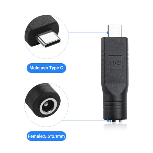 USB C Male to DC Female Power Adapter Type-C to DC 5.5 x 2.1mm Female Converter Work with 20V/100W+ Type-C PD Source（2-Pack）