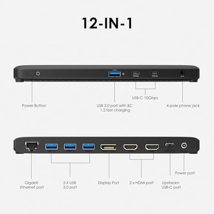 Laptop Docking Station, 12-in-1 USB-C Docking Station, Triple Display with 2xHDMI and 1xDP, 10 Gbps USB-C and 5 Gbps USB-A Data, Ethernet, Audio, 100W Charging for Dell, HP, Lenovo and More - size: 1×DP + 2×HDMI