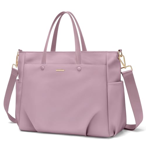 15.6 Inch Laptop Tote Bag for Women, Lightweight Nylon Work Shoulder Bag, Water-Resistant Computer Handbag with Pockets for Business Travel & Commute (Pinkish Purple) - color: Pinkish Purple, size: 15.6 Inch