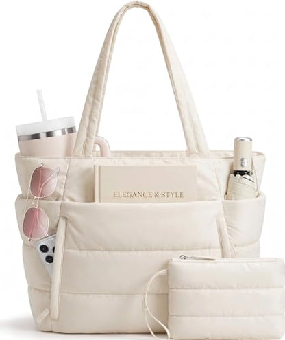 Puffer Tote Bag for Women, Nurse, Large Quilted Shoulder Bag with Cup Holder & Laptop Compartment for Work, Travel, Gym - color: Cream