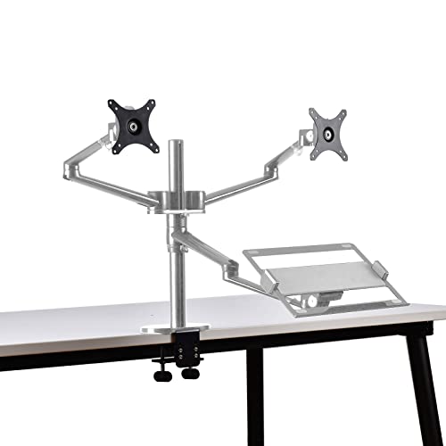 AEONS Dual Monitor and Laptop Desk Mount Combo Stand with Notebook Holder fits up to 17 inch, 3-in-1 Adjustable Triple Arm Mount fits 27 inch LCD Screen with VESA, Clamp and Cable Management, Silver - style: Triple Arm & Tray, Silver