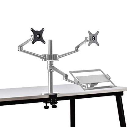 AEONS Dual Monitor and Laptop Desk Mount Combo Stand with Notebook Holder fits up to 17 inch, 3-in-1 Adjustable Triple Arm Mount fits 27 inch LCD Screen with VESA, Clamp and Cable Management, Silver - style: Triple Arm & Tray, Silver