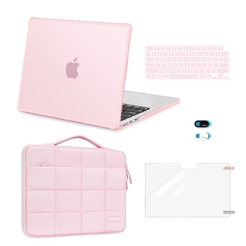 MOSISO Compatible with MacBook Air 13 inch Case M5 2026 M4 M3 M2 2025-2022 | TPU Bumper Hard Shell&Puffy Sleeve Bag&Keyboard Skin&Webcam Cover&Screen Film for MacBook Air 13.6 inch Case, Pink - color: Pink