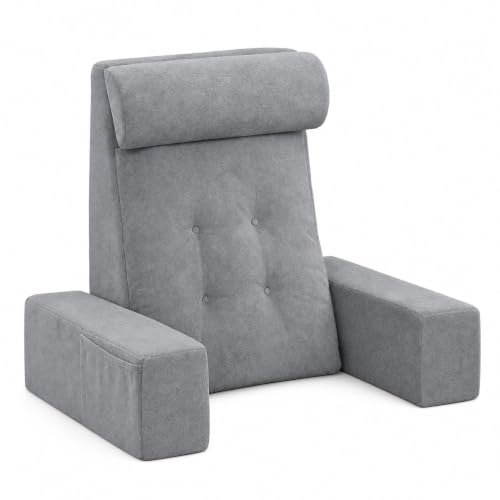 Reading Pillow for Sitting Up in Bed Backrest Pillow with Armrests, Headrest and Side Pockets Dual Layer Back Support for Bed and Sofa Ideal for Adults Watching TV, Gaming, Recovery Dark Grey - color: Dark Grey