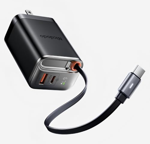 Mcdodo 67W USB C Charger Block with Retractable Type-C Cable, Dual Port (USB A+C) Foldable Wall Charger GaN Fast Charging Bolck Fit iPhone 16 15 Pro/ProMax/Plus, Galaxy, iPad, MacBook (Black) - color: Black