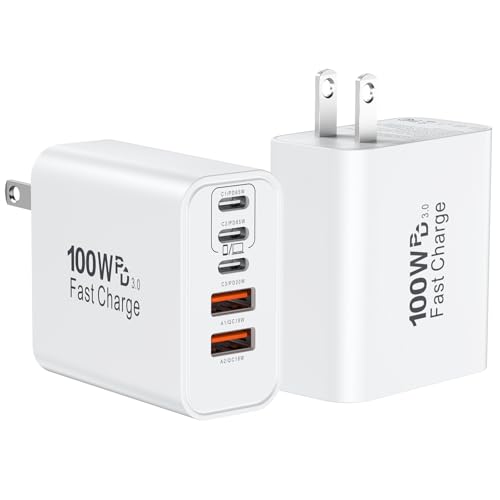 USB C Super Fast Charger Block, 100W USBC Wall Charger Plug, 2Pack 5-Port 65W Type C Phone Charging Cubes Multiport Power Adapter for iPhone 17/16/15/14/13/12 Series,Galaxy S26/S25 Ultra,iPad,Mac Book - color: White