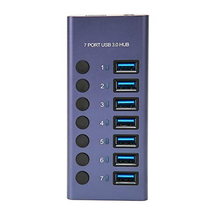 USB 3.0 Hub 7 Ports 5Gbps Fast Transfer Docking Station 5V 2.4A 36W USB 3.0 Splitter with Blue LED Indicator for PC Phone 100-240V (US Plug)