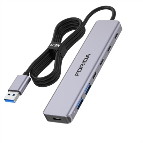 7-in-1 USB Hub, Aluminum Multi-Port USB 3.0 Hub with Long Cable | USB Extender for Desktop Computer PC, 4 Ports USB-C 3.0(5Gbps), 2 USB-A 2.0, Type-C 5V Port, USB Port Hub for aptop (Silver) - color: Silver