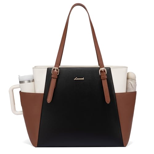 LOVEVOOK Laptop Tote Bag for Women,Leather Work Computer Briefcase Bag | Large Cup Holder,17.3 Inch Work Tote,Professional Briefcase,Teacher Commuter Shoulder Bag,Office,Travel,Gift - color: Black-white-brown, size: 17.3 Inch