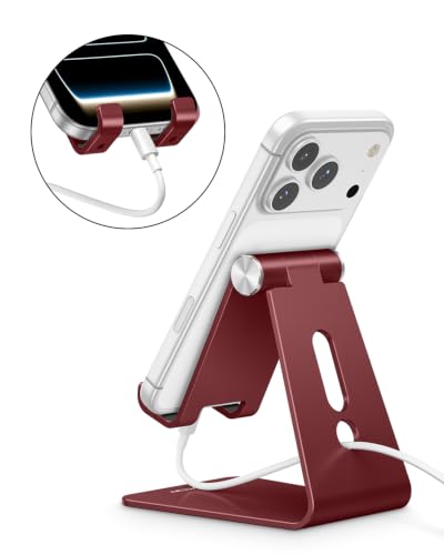 OMOTON C2 Adjustable Cell Phone Stand with Charging Cutout, Cherry Red | Sturdy 3mm Aluminum, Charging Port, 270° Adjustable, Non-Slip Silicone Pads, Works with Thick Cases, for All Smartphones - color: Cherry Red