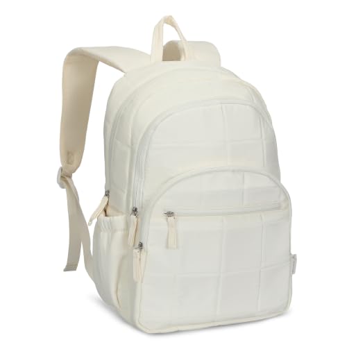 College Laptop Backpack 16 Inches Quilted Travel Backpack for Women Lightweight Puffer Casual Daypack 28L Ivory Beige - color: Ivory Beige