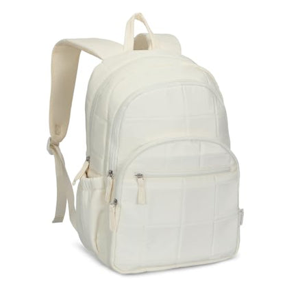 College Laptop Backpack 16 Inches Quilted Travel Backpack for Women Lightweight Puffer Casual Daypack 28L Ivory Beige - color: Ivory Beige