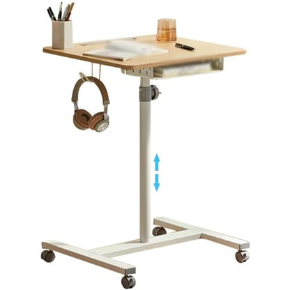 Portable Bedside Table with Drawer, Standing Desk with Wheels, Height Adjustable Laptop Desk, Movable Sofa Side Table, Easy to Install(Wood Color) - color: Wood Color