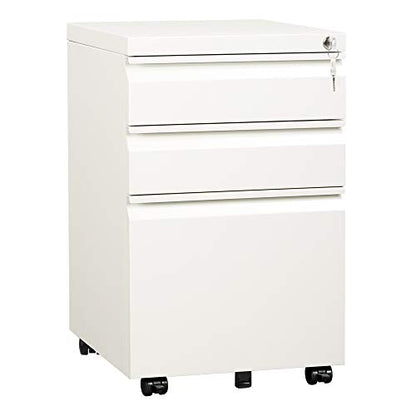 DEVAISE 3 Drawer Mobile File Cabinet with Lock, Under Desk Metal Filing Cabinet for Home Office/Legal/Letter/A4 File, Fully Assembled Except Wheels, White - color: White, size: 17"D x 15"W x 24"H