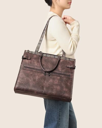 FADEON Laptop Bag for Women Designer PU Leather Large Tote Bags Backpack Purses with 15.6 Laptop Compartment Shoulder Handbag - color: Coffee Brown Retro Style