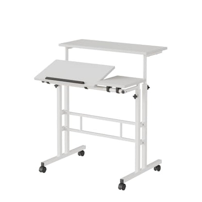 VECELO Mobile Small Standing Desk Adjustable Height, Computer Workstations with Tiltable Tabletop, Lockable Wheels, Portable Rolling Laptop Desk for Home Office, White - color: White