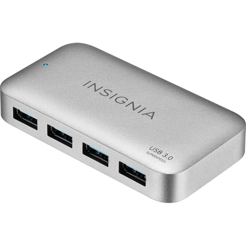 Insignia 4-Port USB 3.0 Hub with 5ft. Cable Power Supply, USB Splitter Expander for Laptop, Xbox, Flash Drive, HDD, Console, Printer, Camera, Keyborad, Mouse, MacBook, Surface, PC, Silver Grey