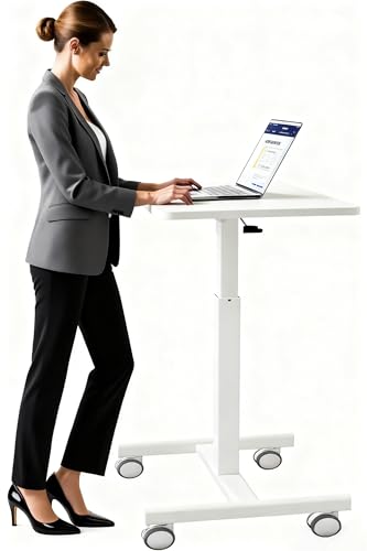 Mobile Small Standing Desk,Gas Spring Adjustable Height Rolling Portable Laptop Desk with Lockable Wheels, Computer Workstation for Home Office, White - color: White