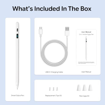 LED Battery Display Stylus Pen, Dual Modes Fast Charge Universal Active Digital Pencil for iPad iPhone Samsung Android, <2ms Low Latency, Tilt Sensitivity for Drawing Note Taking, No Bluetooth Stylus - color: White