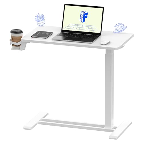FLEXISPOT H7 28" Pneumatic Height-Adjustable Overbed Table with Wheels | C-shaped bedside table,Medical End Table,Rolling Cart TV Tray,Laptop desk for Hospital Home office use,27.6"Wx15.7"D,White - color: White, size: Small