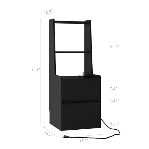 Modern Smart Nightstand with Night Light & Charging Station, Night Stand with Bookshelf, Lockable Bedside Cabinet Tables with 2 Storage Drawers for Bedroom Home Office - color: Black