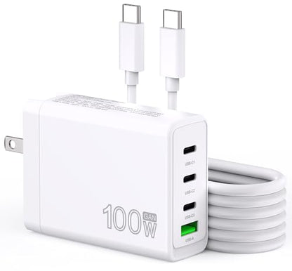 100W USB C Charger GaN 4 Port Type C Charging Station Hub Block Wall Charger Power Strip Adapter Plu Compatible with MacBook Pro/Air iPad iPhone16/15/14/13 Pro Max Dell XPS Pixel Note Galaxy