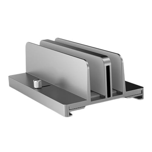 Holibanna Aluminum Vertical Laptop Stand with Dual Adjustable Slots, Gray Tablet Rack Holder for Desk, Space-Saving Notebook Organizer Compatible with Tablets and Laptops