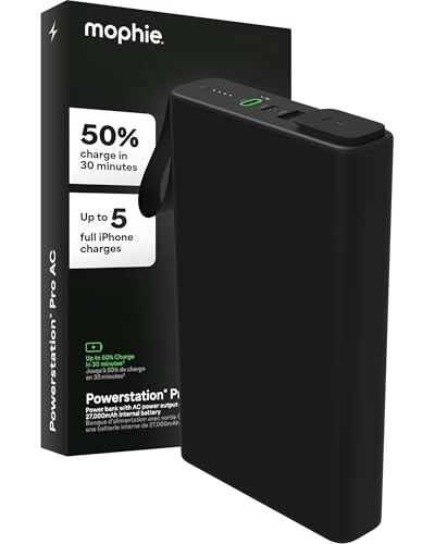 mophie powerstation pro AC (2023)-27,000 mAh External Battery compatbile With MacBook&iPad Portable PD battery with 100W of AC&60W USB-C Fast Charge integrated carry strap-USB-C cable included, Black - size: 27,000 mAh, style: Gen 2
