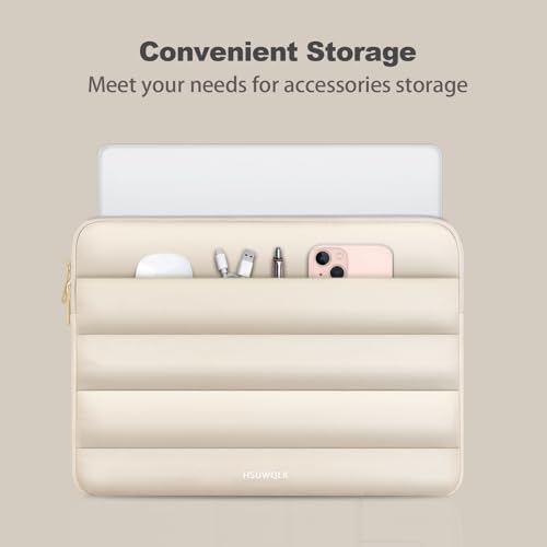 Laptop Case 13.3 inch,13-13.3 inch Puffy Laptop Sleeve Compatible with MacBook Air 13 13.6/Neo 13/Pro 13/Pro 14,HP Dell ASUS Lenovo,Polyester Computer Bag with Horizontal Pocket&Belt, Sand - color: Sand