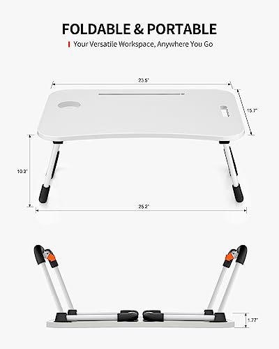 FISYOD Foldable Laptop Table, Portable Lap Desk Bed Table Tray, Laptop Stand with Cup Holder & Tablet Slot & Lifting Handle for Working Writing Drawing & Eating (White) - color: White