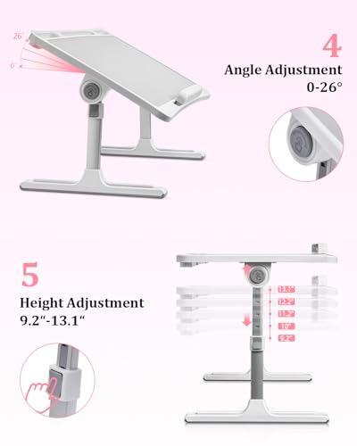 Lap Desks Laptop Desk for Bed, Adjustable Height and Angle Lap Desks for Adults, Lap Desk with Bookshelf for Bed Couch Floor Writing Working Reading Eating Painting, White