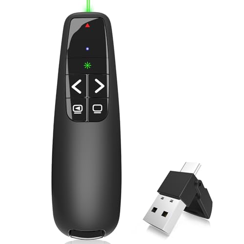 Wireless Presentation Clicker PowerPoint Presenter Remote : USB Type C Clicker with Green Laser Pointer Long Range PPT Control -Power Point Google Slide Advancer for Mac Laptop PC Computer Keynote - style: Green Light