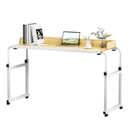 Adjustable Height Overbed Table, Rolling Overbed Bedside Desk with Raised Baffle and Spacious Desktop, Over BedTable with Wheels for Home Office Bedroom Hospital Use (Wooden Color1) - color: Wooden Color1